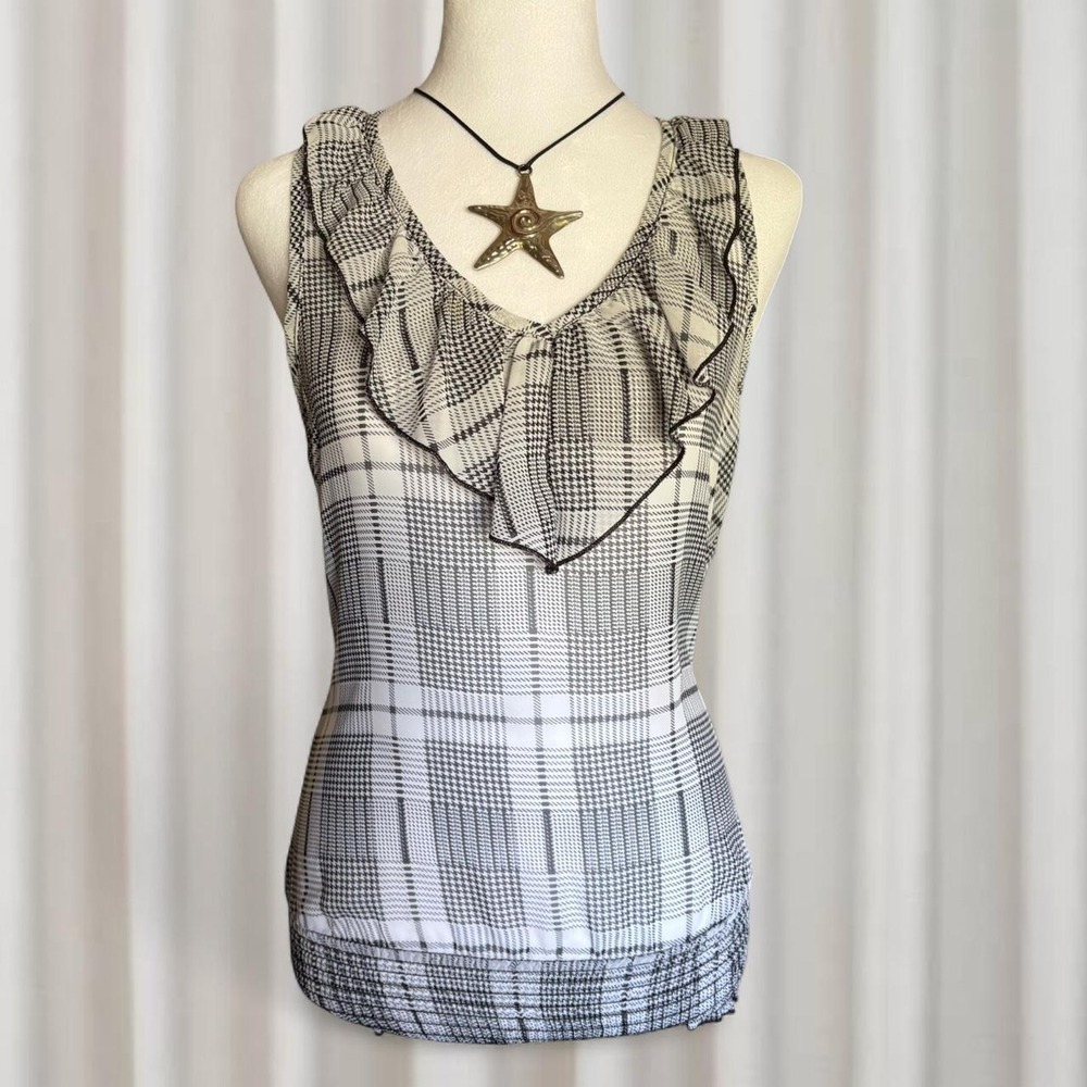 Plaid sleeveless ruffle v neck blouse smocked hem summer officewear classy y2k